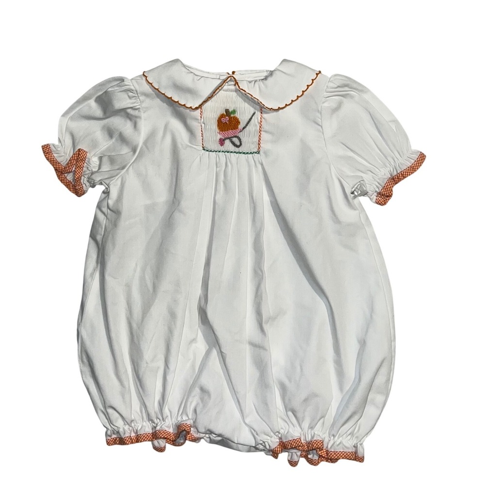 NWT Petit Ami Baby Girl White Pumpkin Smocked Bubble Romper Gingham 3 Months
